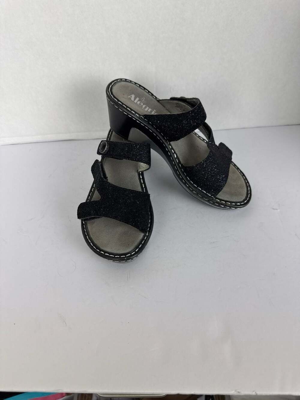 Alegria Loti Glitteroti Black Leather Wedge Slide Sandals